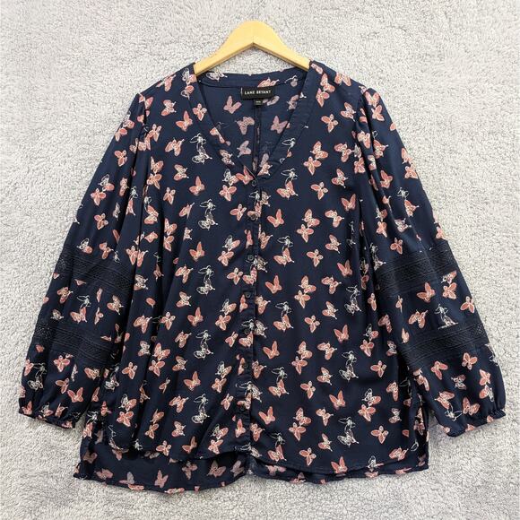 Lane Bryant Women's 14/16 Balloon Sleeve Blue Butterfly Boho Peasant Button Up - Picture 1 of 10